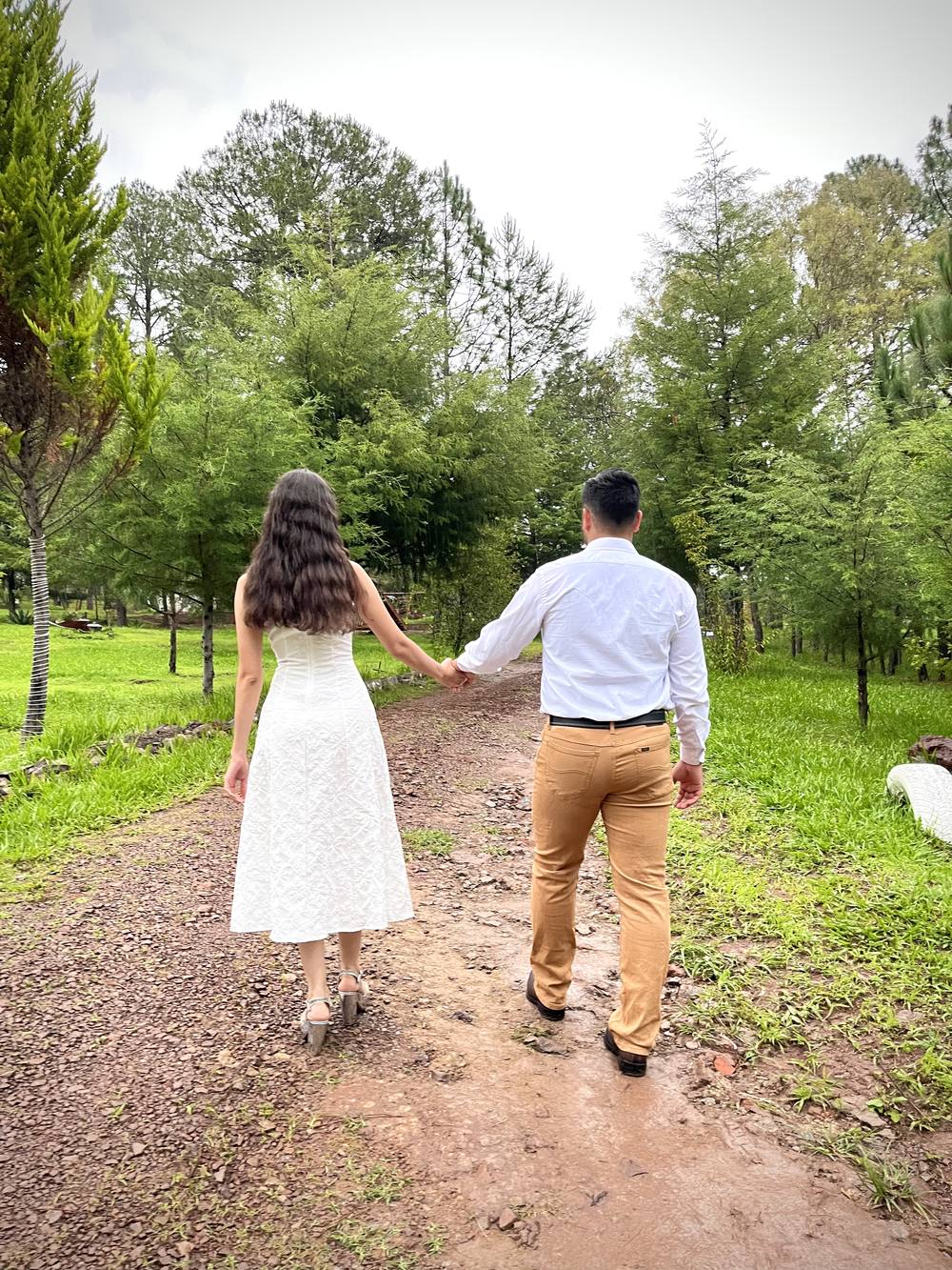 Tania y Manuel caminando de la mano, de espaldas, por un camino del bosque